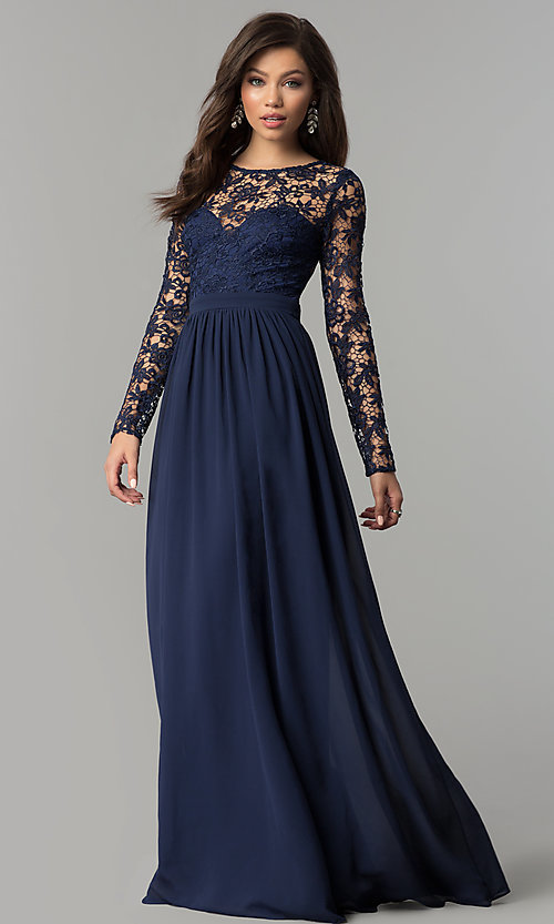 Chiffon and Lace Long-Sleeve Prom Dress- PromGi