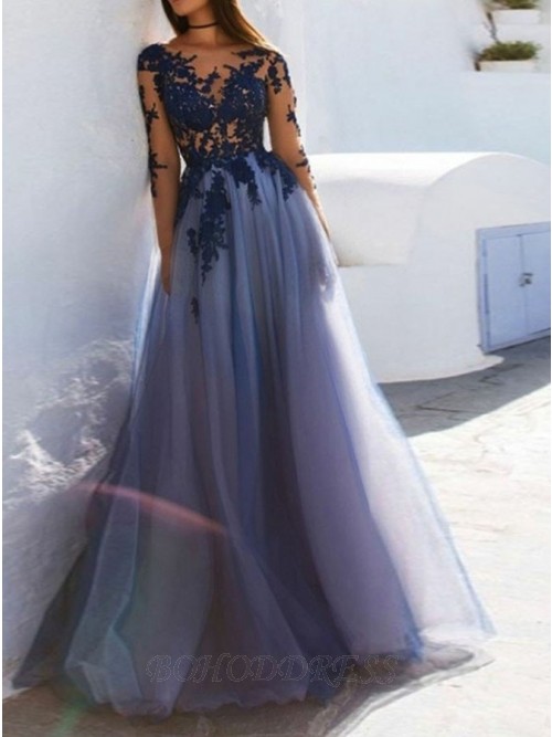 A-Line Bateau Long Sleeves Open Back Dark Blue Prom Dress with .