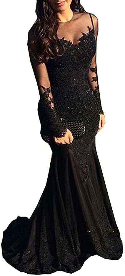 Nina Ding Long Sleeve Black Mermaid Prom Dresses Sequins Lace .