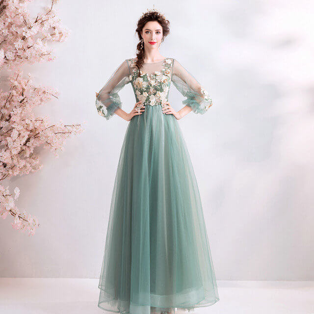 Long Sleeve Prom Dress Cheap With Flowers A Line Sa