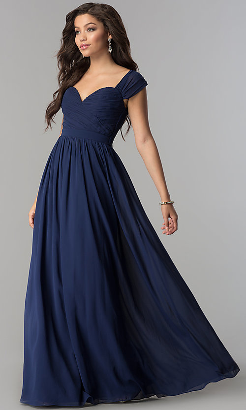 Cheap Long Chiffon Cap-Sleeved Prom Dress - PromGi