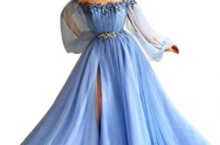 Tulle Beaded Evening Gowns Long Sleeves High Split Prom Dresses .