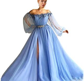 Tulle Beaded Evening Gowns Long Sleeves High Split Prom Dresses .