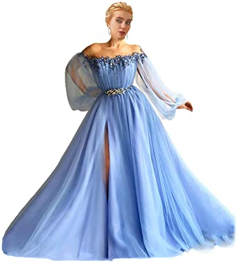 Tulle Beaded Evening Gowns Long Sleeves High Split Prom Dresses .