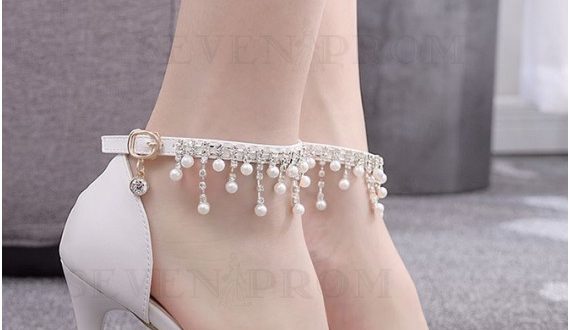 Buy White Ankle-Strap Prom Shoes with Pearls from Sevenprom.com .