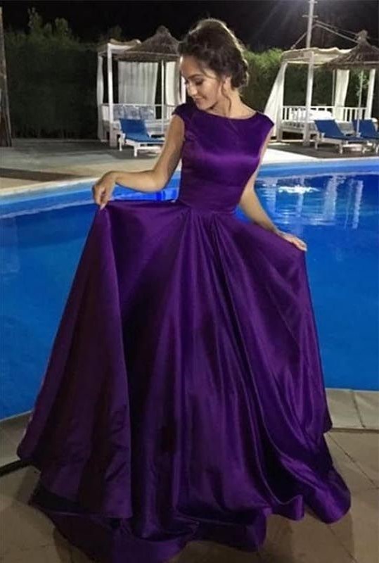 Purple Long Prom Dress A-Line Satin Jewel Neck Sexy Open Back .