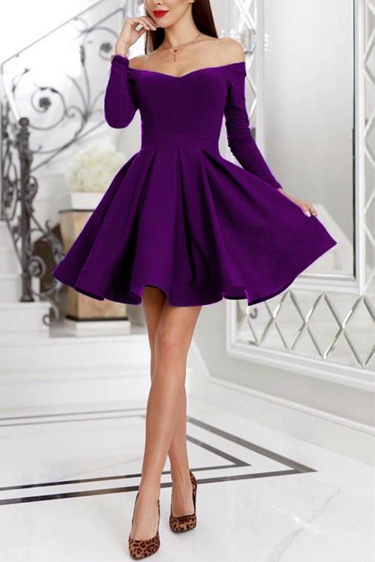 Purple Off the Shoulder Long Sleeve Above Knee Short Homecoming .