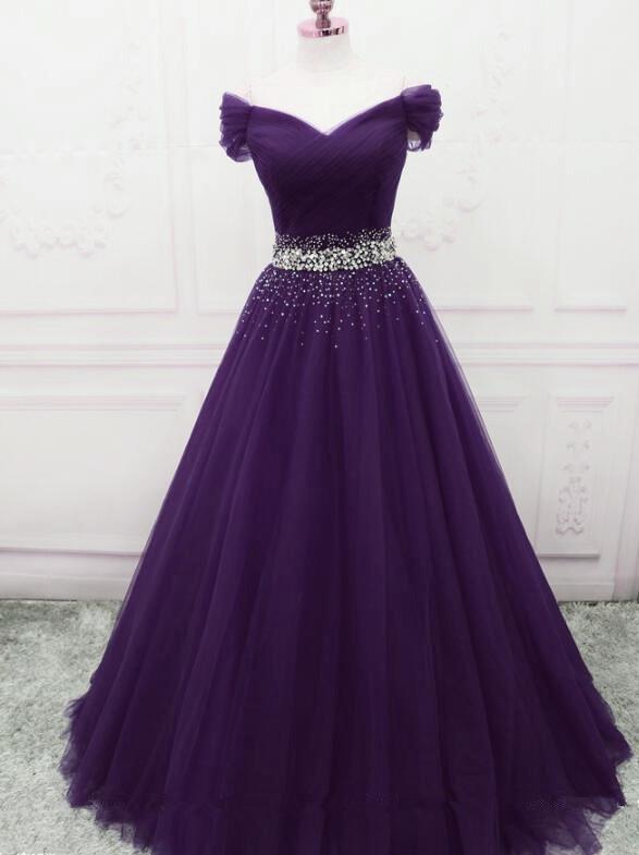 Lovely Dark Purple Tulle Long Formal Gown, Purple Evening Dress .