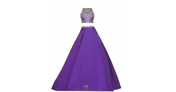 Crop Top Beaded A Line Purple Two Piece Formal Prom Dress