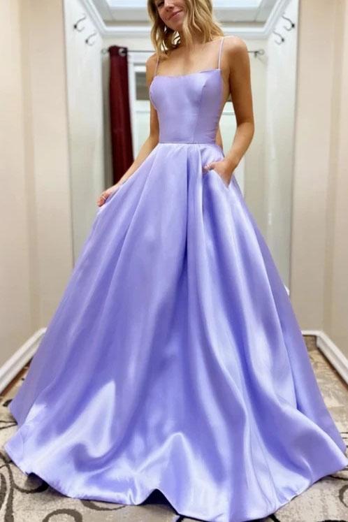 Simple Long Satin Purple Prom Dress With Pockets Fashion School .