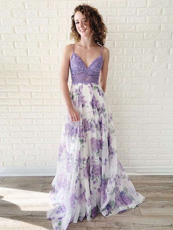 Buy Beautiful A Line Spaghetti Straps Purple Prom Dresses Floral .
