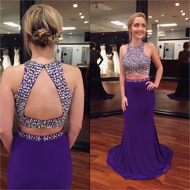 Long Sexy Purple Sheath Sleeveless Backless Beading Prom Dresses .