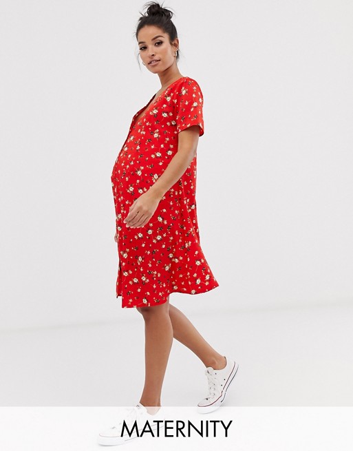 New Look Maternity button front dress in red ditsy floral | AS