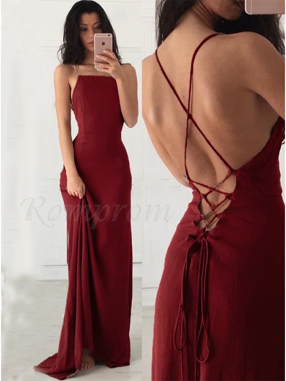 Spaghetti Straps Dark Red Prom Dress Simple Long Party Dress .