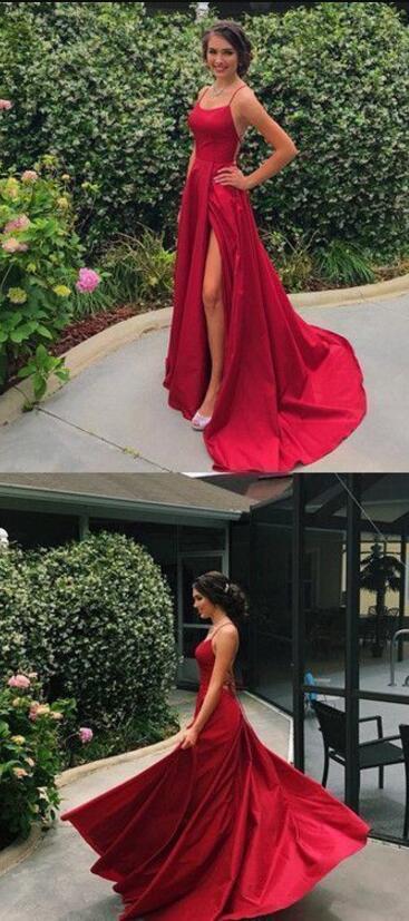 A Line Spaghetti Straps Long Prom Dress, Sexy High Slit Red .