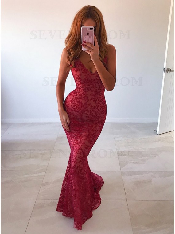 Buy Mermaid Spaghetti Straps Backless Sweep Train Dark Red Lace .