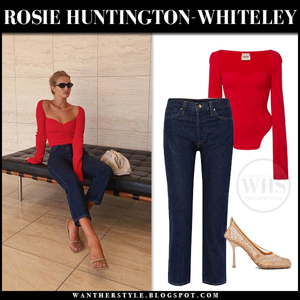 Rosie Huntington-Whiteley in red top and dark blue jeans on .