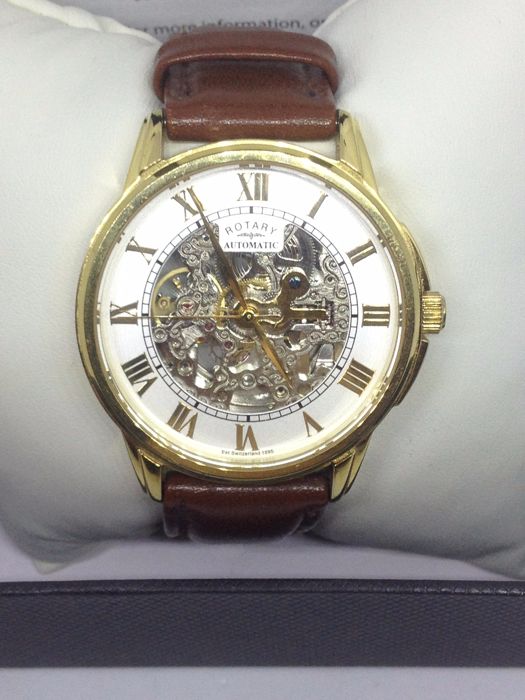 Rotary Mens Automatic Brown Leather Strap Skeleton Dial - Catawi
