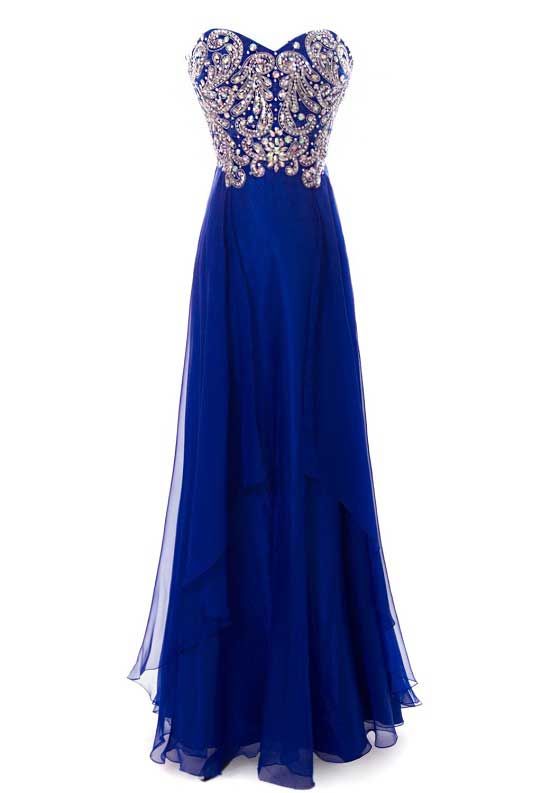 Long strapless royal blue rhinestone embellished corset prom dress .