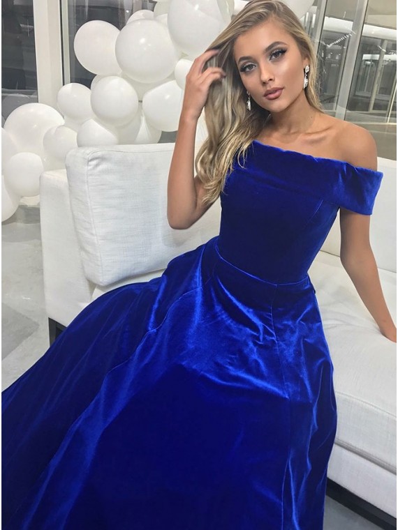 Buy Classic A-Line Off-the-Shoulder Floor-Length Royal Blue Prom .