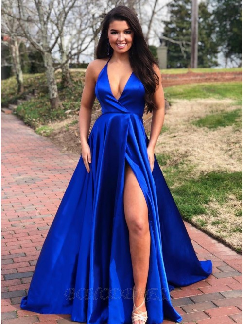 A-Line Royal Blue Halter V-Neck Prom Dress with a Leg Slit $102.99 .