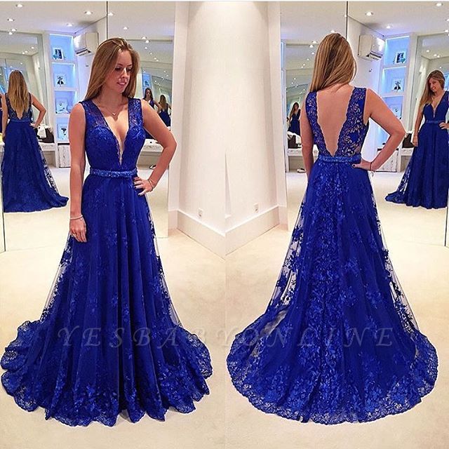 Elegant V-Neck Sleeveless Prom Dresses | Backless Royal Blue .