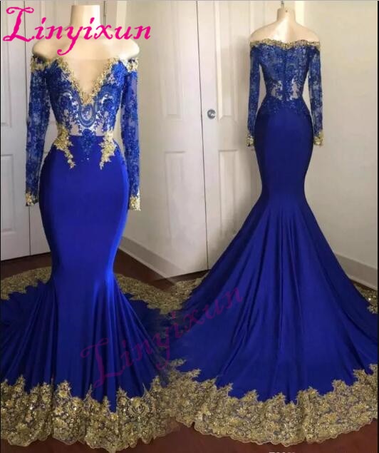 Linyixun 2018 sexy cheap royal blue prom dress plus size gold .