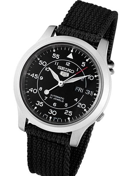 Seiko 5 Military Black Dial Automatic Watch with Back Canvas Strap .