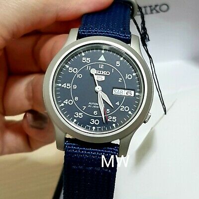 Seiko 5 Military Automatic Nylon Day Date Analog Blue Dial .