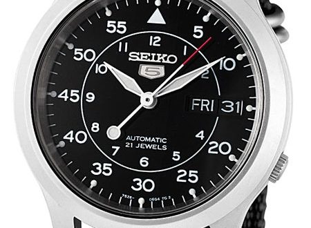 Seiko 5 Military Black Dial Automatic Watch with Back Canvas Strap .