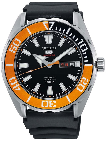 Seiko 5 Sports Automatic 24-Jewel Watch with Black Dial and Orange .