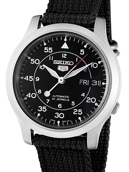 Seiko 5 Military Black Dial Automatic Watch with Back Canvas Strap .
