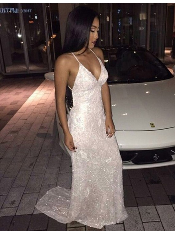 Buy Gorgeous V Neck Long Sheath Backless White Sequins Prom Dress .