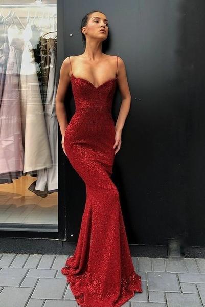 Spaghetti Straps Sexy Red Sequin Prom Dress Mermaid – loveangeldre