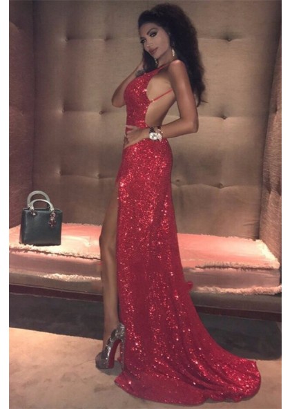 2020 Sexy Red Sheath Side Slit Sweetheart Sequence Backless Prom Dre