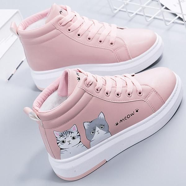 Boots Women Fashion Cute Cartoon Cat Thick Bottom Shoes Warm Plush .