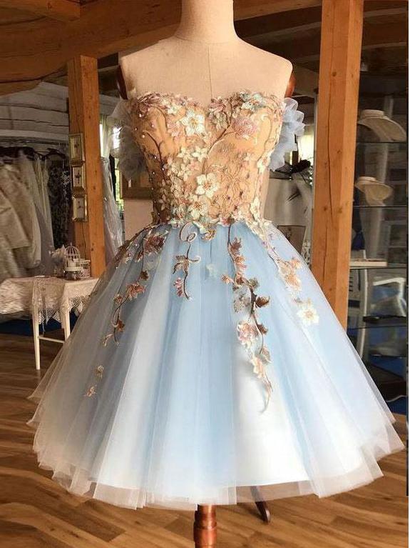 A-line Off-the-shoulder 3D Floral Short Prom Dresses Light Sky .