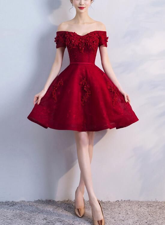Off Shoulder Wine Red Short Beaded Homecoming Dress, Short Prom .