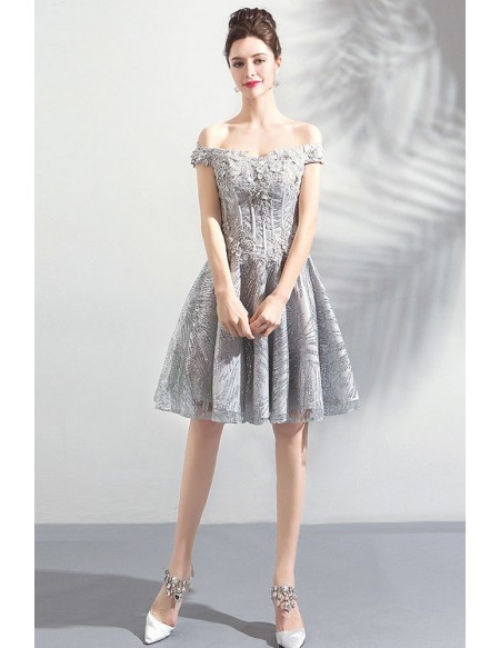 Pretty Silver Unique Lace A Line Short Prom Dress Off Shoulder .