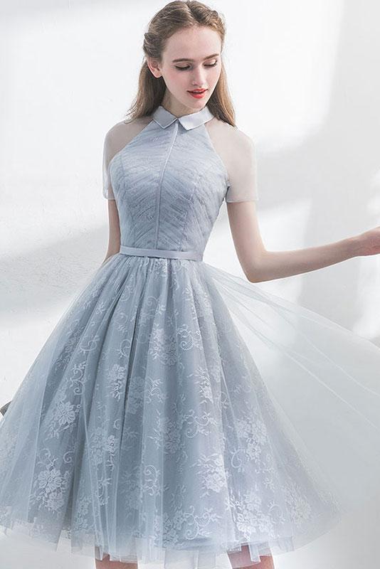 A Line Short Sleeves Tulle Homecoming Dress with Lace, Cute Short .