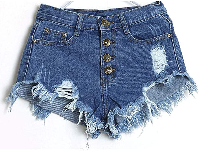 iLUGU Women Vintage High Waist Jeans Hole Short Jeans Khaki Pants .