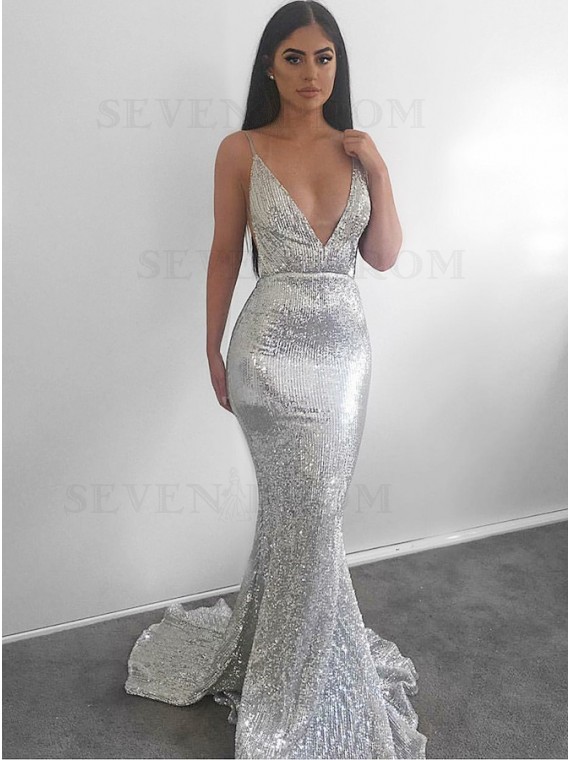 Buy Mermaid Spaghetti Straps Backless Long Sequin Prom Dress .