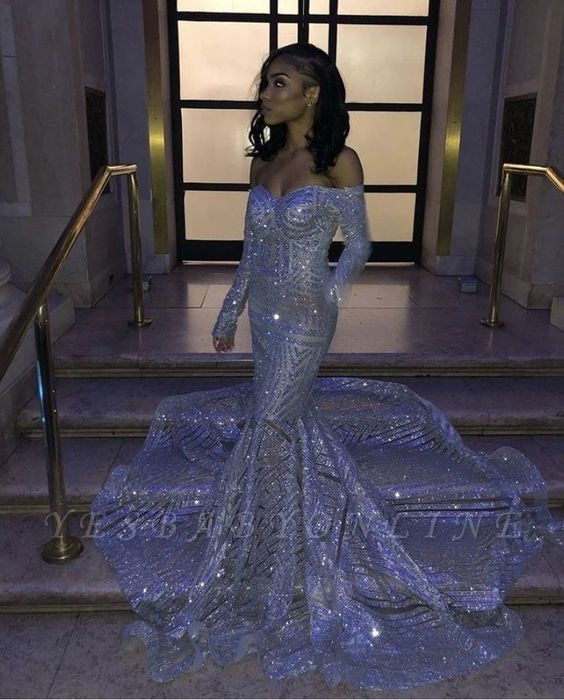 Sparkly Off the Shoulder Long Sleeves Mermaid Silver Prom Dresses .