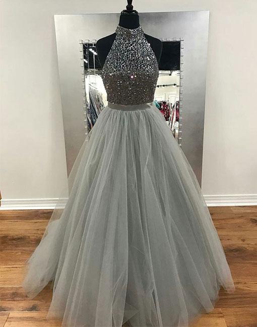 Gorgeous High Neck Silver Grey Beaded Prom Dress,Tulle Evening .