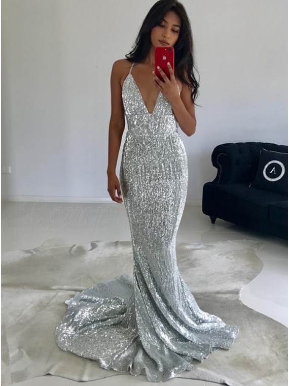 Mermaid Deep V-Neck Backless Sweep Train Silver Sequined Prom .