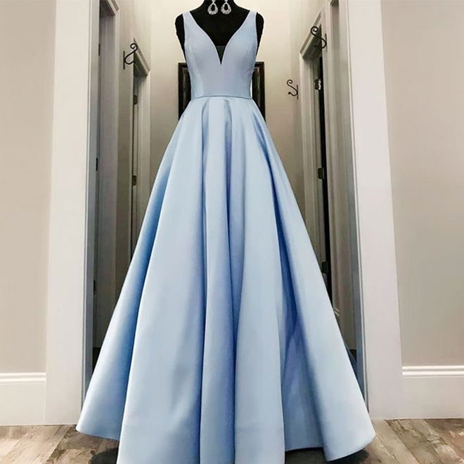 Simple blue v neck satin long prom dress, blue evening dress .