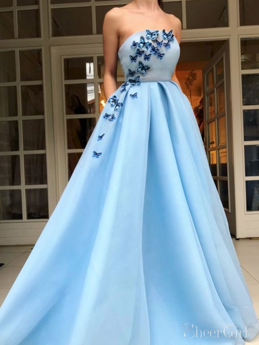 Simple Sky Blue Prom Dresses with Pockets Butterfly Applique Prom .