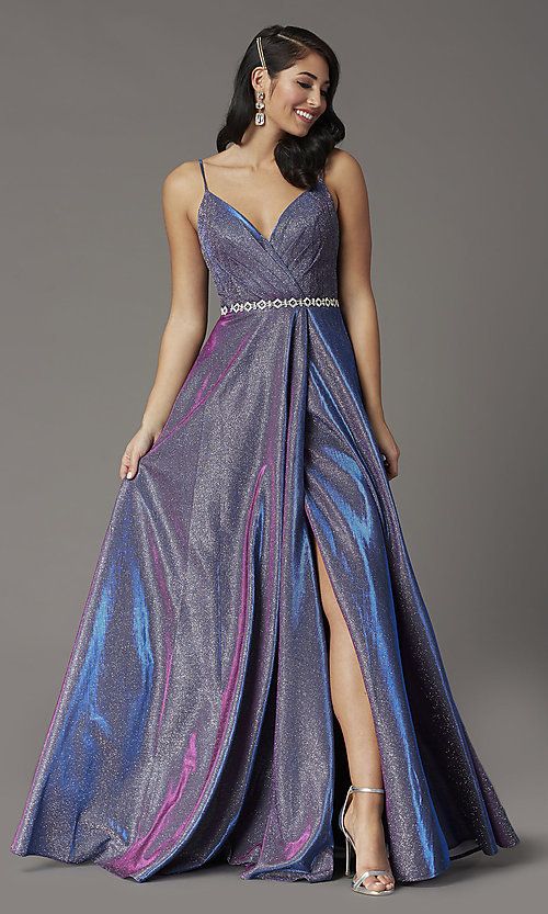 Glitter-Knit Long Faux-Wrap V-Neck Prom Dress | Sparkly prom .