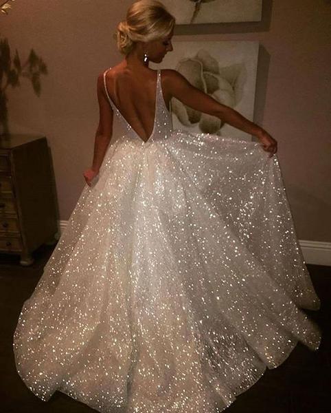 Deep V Neck White Sparkly Prom Dress & Gowns | Flosluna – FlosLu