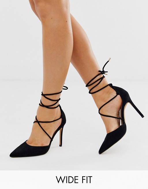 ASOS DESIGN Wide Fit Whisper tie leg high stiletto heels in black .